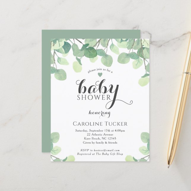 Papier Eucalyptus Vert Budget Baby shower Invitation (Devant/Arrière en situation)