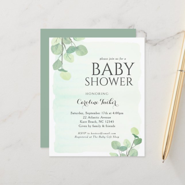Papier Eucalyptus Vert Budget Baby shower Invitation (Devant/Arrière en situation)