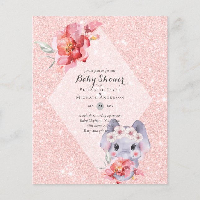 Papier FAIBLE BUDGET Elephant BÉBÉ Invitation DE DOUCHE D (Devant)