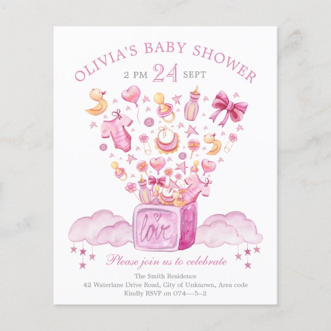 Papier Faire-part de Baby Shower Fille Boîte Rose Surpris (Devant)