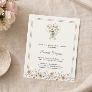Papier Faire-part de Baby Shower vert et ivoire à fleurs