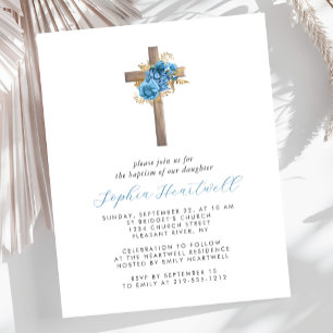 Papier Faire-part de baptême croix dorée bleue florale bu