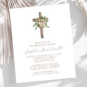 Papier Faire-part de baptême fille croix floral rose gold