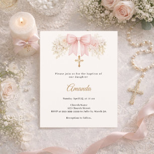 Papier Faire-part de baptême fleurs roses blush croix arc