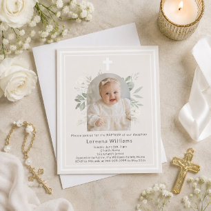 Papier Faire-part de baptême floral ivoire beige fille
