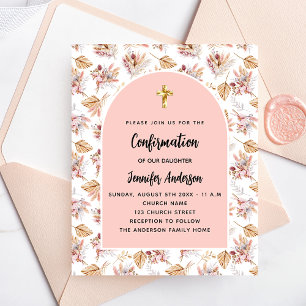 Papier Faire-part de confirmation rose en or floral pampa