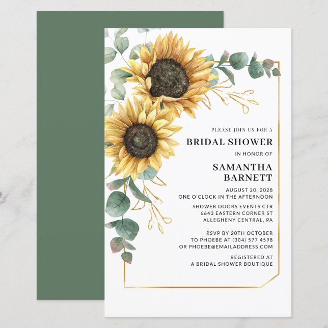 Papier Faire-part de Fête de Mariage Florale Tournesol Vé (Devant / Derrière)