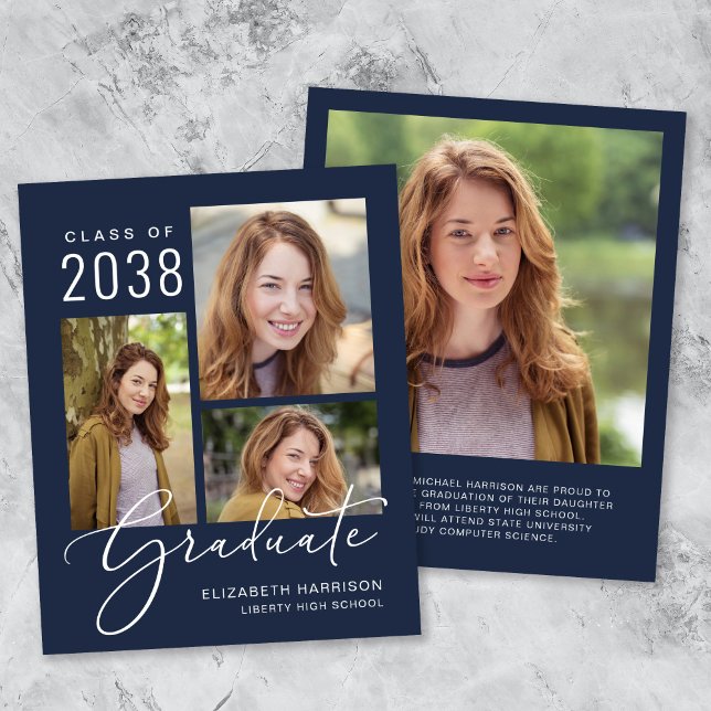 Papier Faire-part de graduation en bleu photo du script b (An elegant photo collage graduation announcement to celebrate the graduate's achievements)