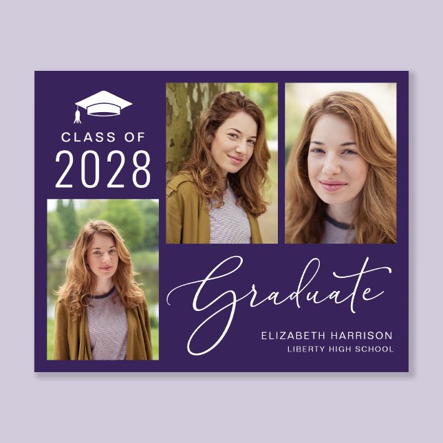 Papier Faire-part de graduation en violet du script budgé (An elegant photo collage graduation announcement to celebrate the graduate's achievements)