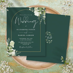 Papier Faire-part de mariage à arch floral émeraude doré 