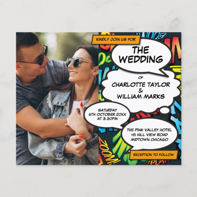 Papier Faire-part de mariage à budget photo bande dessiné (Devant)