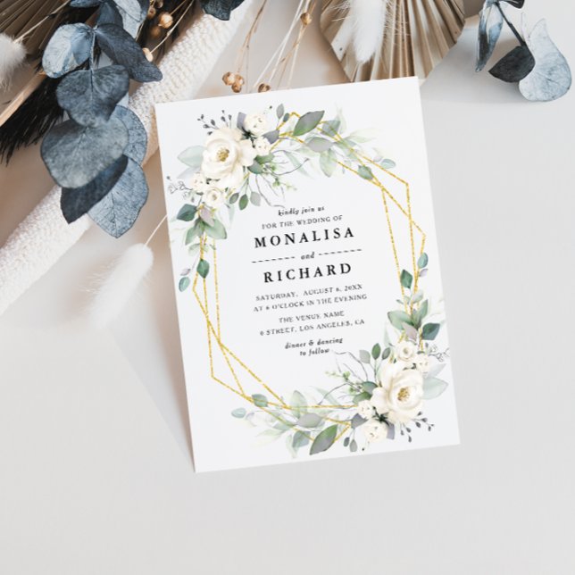 Papier Faire-part de mariage à cadre doré fleuri blanc (Créateur téléchargé)