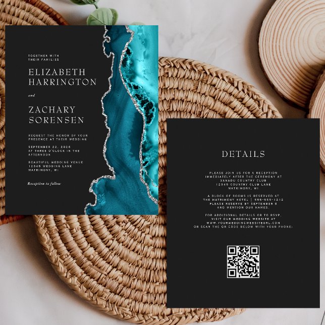Papier Faire-part de mariage à code QR argent Agate sarce (Créateur téléchargé)