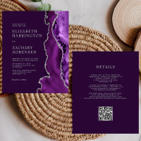 Faire-part de mariage à code QR argent Agate Viole