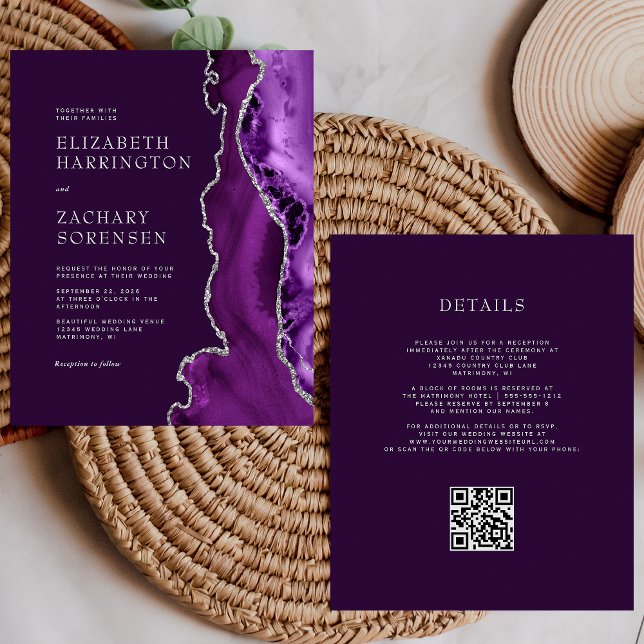 Papier Faire-part de mariage à code QR argent Agate Viole (Créateur téléchargé)