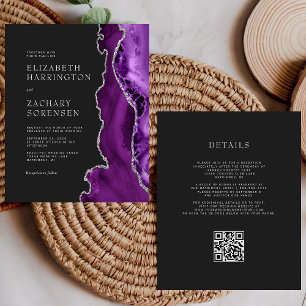 Papier Faire-part de mariage à code QR argent violet fonc