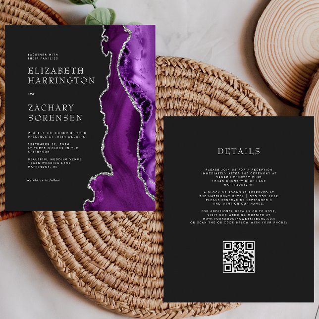 Papier Faire-part de mariage à code QR argent violet fonc (Créateur téléchargé)
