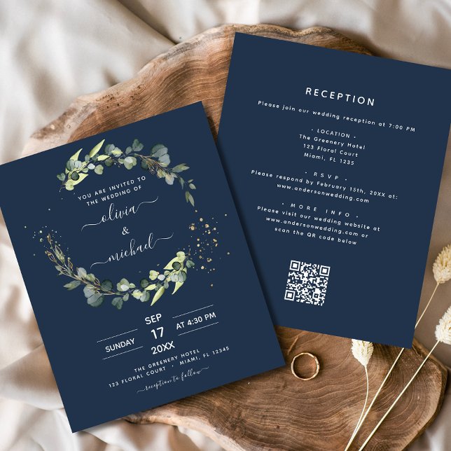 Papier Faire-part de mariage à code QR Eucalyptus Bleu Ma (Créateur téléchargé)