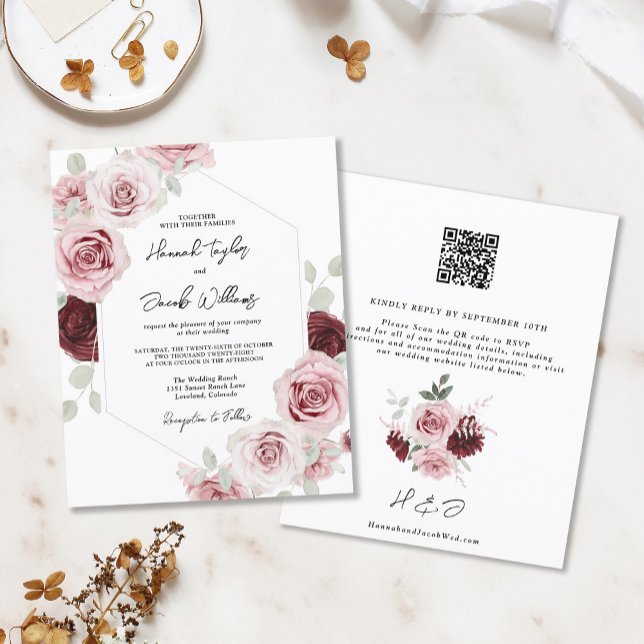 Papier Faire-part de mariage à code QR floral rose Bourgo (Créateur téléchargé)