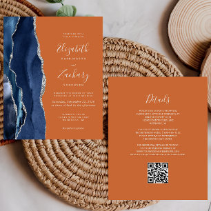 Papier Faire-part de mariage à code QR orange et bleu mar