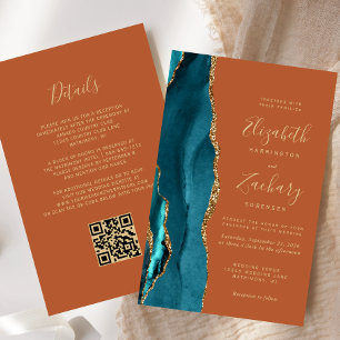 Papier Faire-part de mariage à code QR sarcelle bleu agat