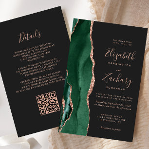 Papier Faire-part de mariage à code QR vert or rose agate