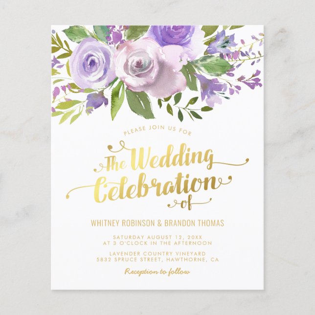 Papier Faire-part de mariage à l'aquarelle florale violet (Devant)