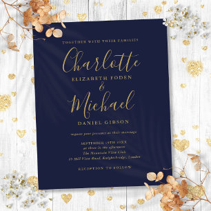 Papier Faire-part de mariage à l'écriture dorée et bleu m