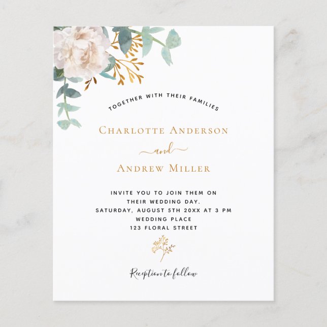 Papier Faire-part de mariage à petit budget fleuri blanc (Devant)