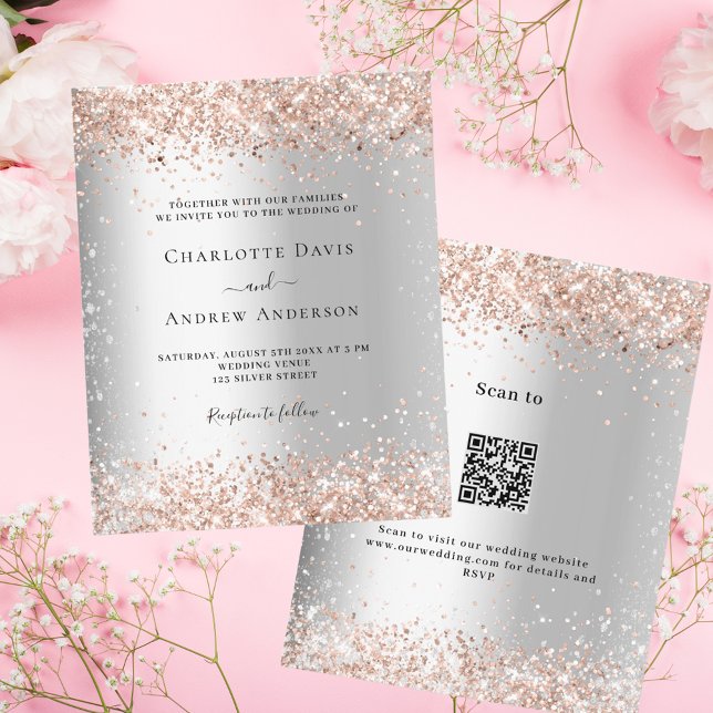 Papier Faire-part de mariage argent or rose QR RSVP budge (Créateur téléchargé)