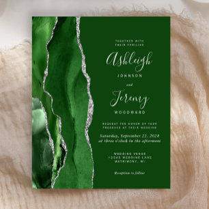 Papier Faire-part de mariage argenté à motif d'agate vert