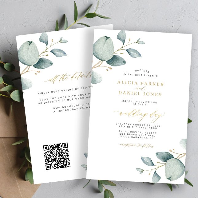 Papier Faire-part de mariage au code QR eucalyptus tout-e (Créateur téléchargé)