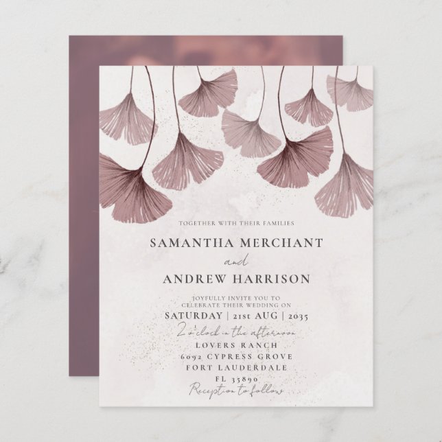 Papier Faire-part de mariage au ginkgo à l'aquarelle rose (Devant / Derrière)