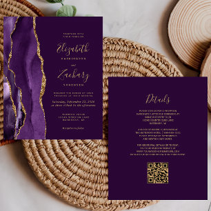 Papier Faire-part de mariage avec code QR Agate Gold Viol