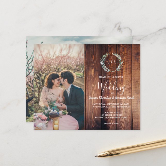 Papier Faire-part de mariage avec monogramme en bois de g (Devant/Arrière en situation)