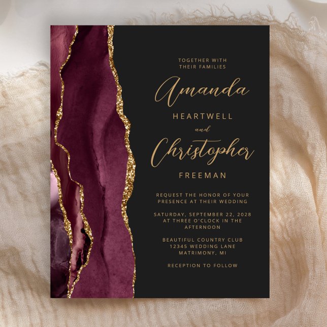 Papier Faire-part de mariage Budget Bourgogne Or Agate Ar (Créateur téléchargé)