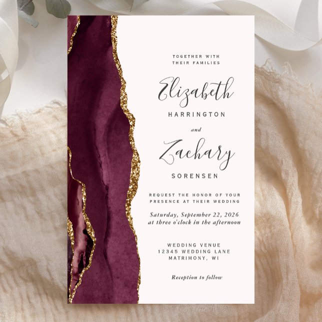 Papier Faire-part de mariage Budget Bourgogne Or Agate Bl (Créateur téléchargé)