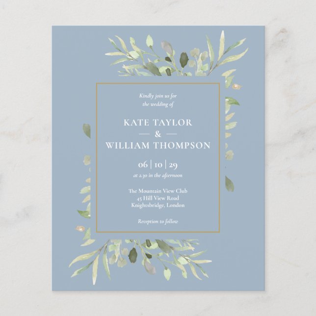 Papier Faire-part de mariage Budget Dusty Blue Greenery (Devant)