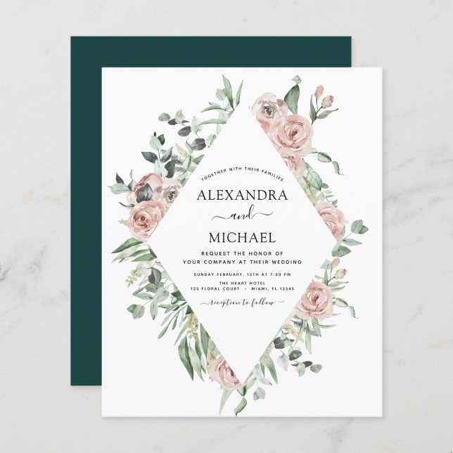 Papier Faire-part de mariage Budget Émeraude Vert Eucalyp (Devant / Derrière)