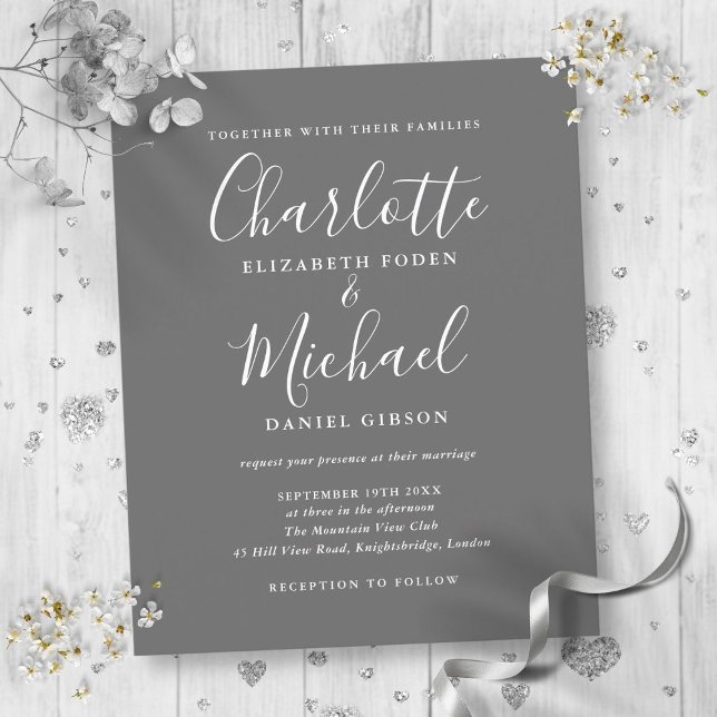 Papier Faire-part de mariage Budget Gris Et Blanc Script (Budget Gray And White Script Wedding Invitation)