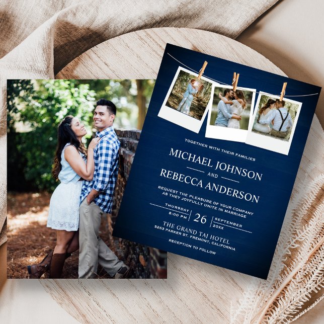 Papier Faire-part de mariage budget photo en bois bleu ru (Créateur téléchargé)