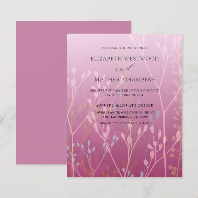 Papier Faire-part de mariage Budget Pink Grasses & Foliin (Devant / Derrière)