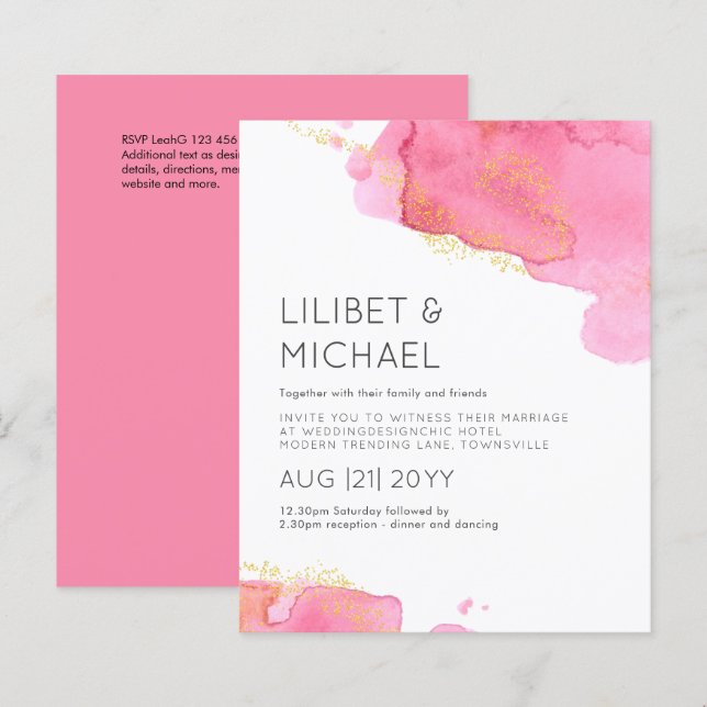 Papier Faire-part de mariage BUDGÉTAIRE Moderne Rose-Blan (Devant / Derrière)
