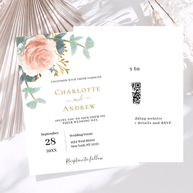 Papier faire-part de mariage budgétaire RSVP rose or flor (Créateur téléchargé)