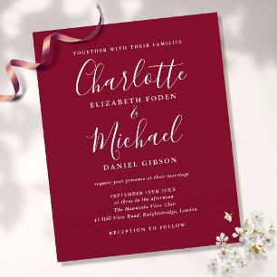 Papier Faire-part de mariage chic à motif script Burgundy