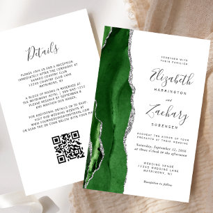 Papier Faire-part de mariage Code QR argent Vert Chasseur