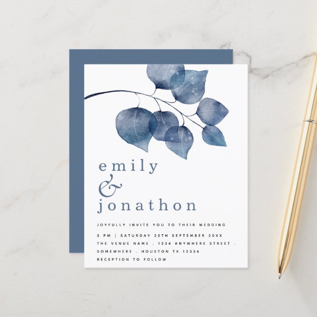 Papier Faire-part de mariage d'aquarelle bleu budget (Devant/Arrière en situation)