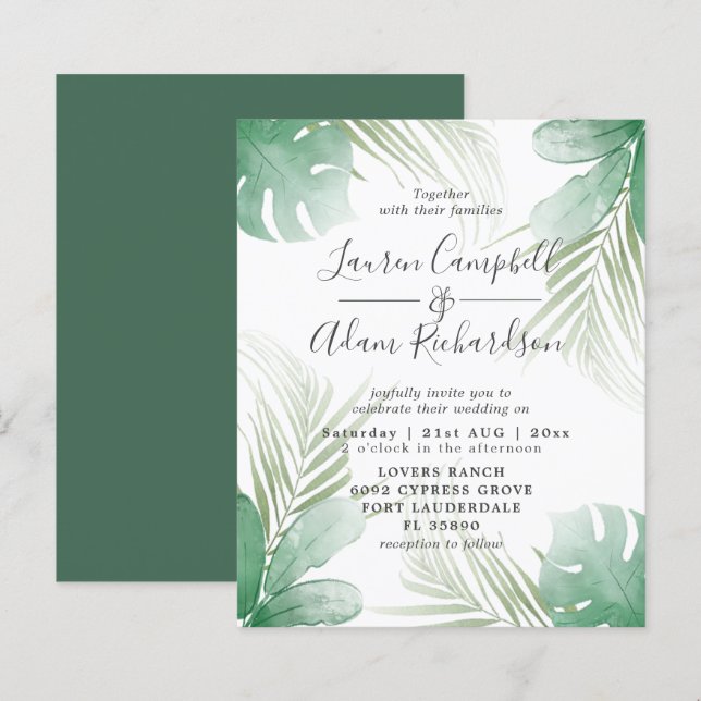 Papier Faire-part de mariage d'aquarelle tropicale budgét (Devant / Derrière)