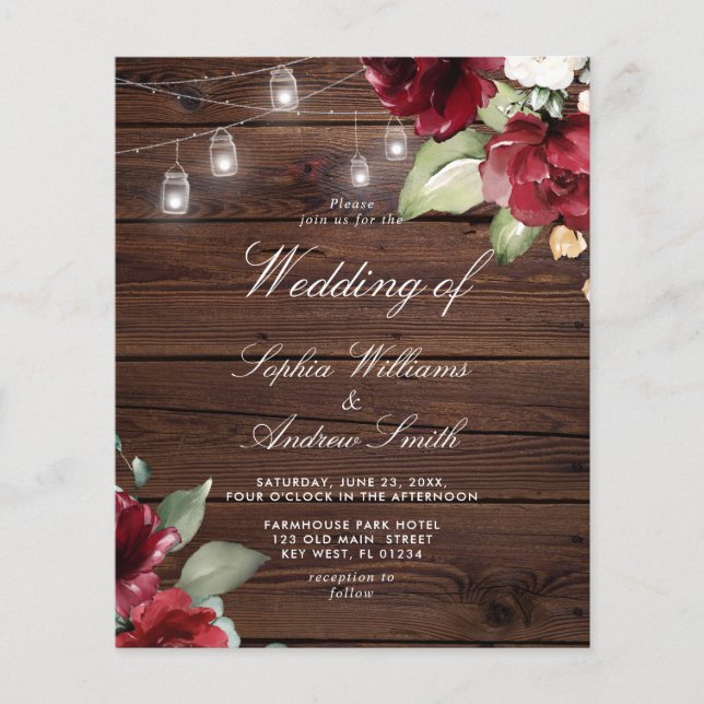 Papier Faire-part de mariage de bois rustique rose rouge  (Devant)