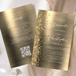 Papier Faire-part de mariage de code QR Gold Glam Budget